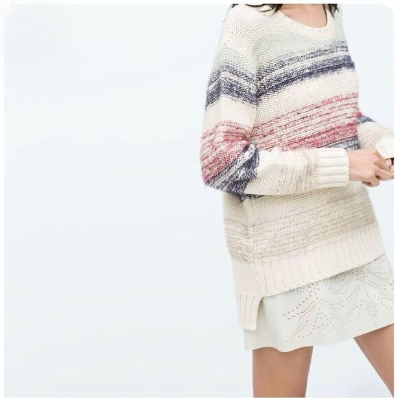Zara Fuzzy Stripe Chunky Knit Sweater Cream Multi Small Retro Basic - Picture 7 of 12